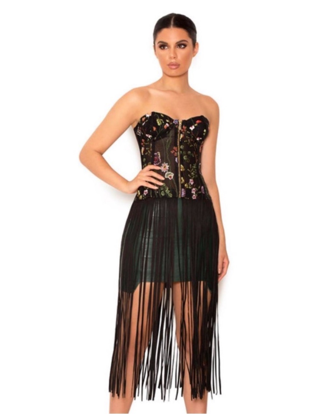 House of CB Carel Black Strapless Floral Corset/Bustier with Fringe